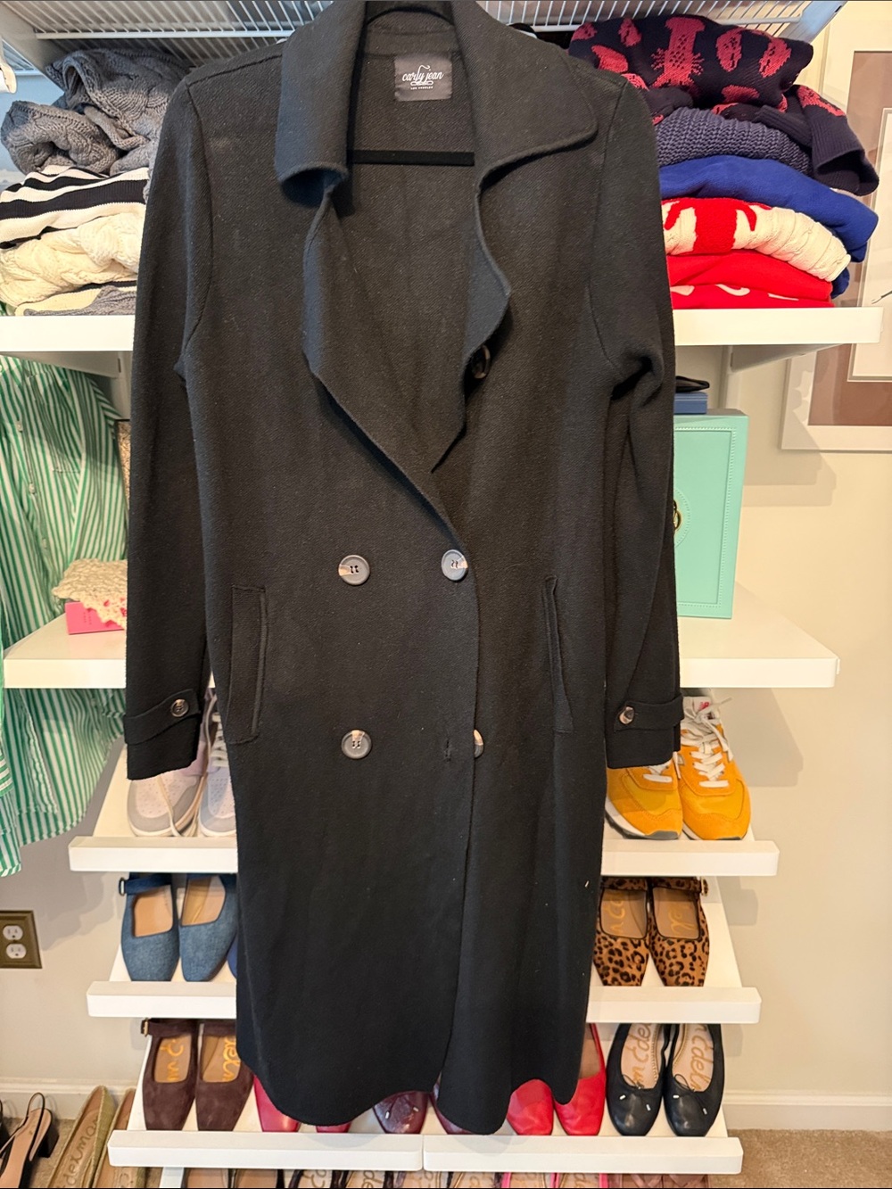 Carly Jean Los Angeles Black Double-Breasted Long Coat